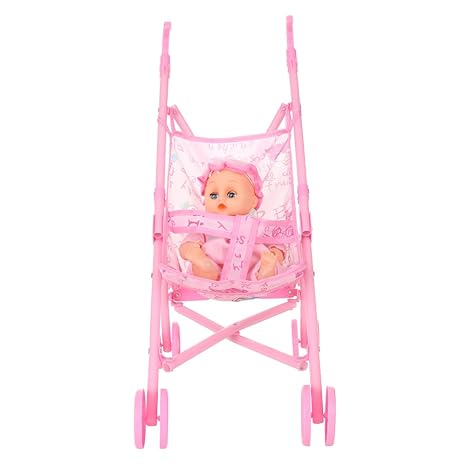 Anself Baby Infant Doll Stroller Carriage Foldable with Doll for 12inch Doll Mini Stroller Toys Gift Pink