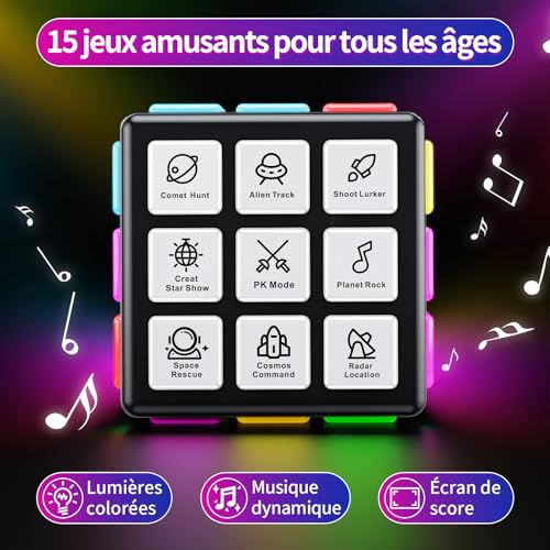 Xinbeiya Rechargeable Game Cube, 15-in-1 Brain Games & Memory & Speed for Children, Birthday Christmas Gifts for Boys and Girls Aged 6-12, French Version (Black)