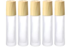 FURNIDO Essential Oil Roller Bottles,5 Pack 10ml Colorful Frosted Glass Roller Bottles with Stainless Steel Roller Balls,Wood Grain Lid Perfume Roll on Bottles Lip Balms Container (White frosted)