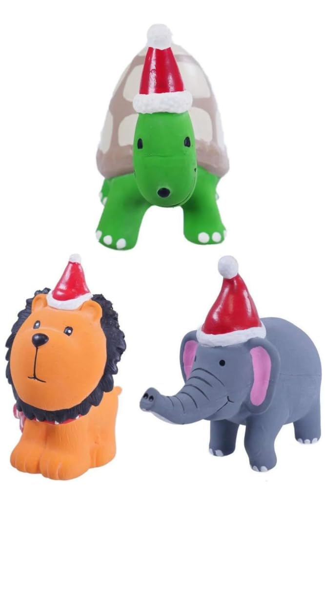 Cupid & Comet *NEW* 3 PACK SMALL FESTIVE JUNGLE ANIMALS SQUEAKY LATEX DOG TOYS CHRISTMAS ANIMALS LION ELEPHANT TORTOISE