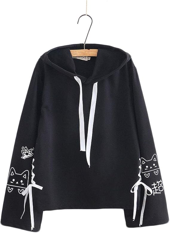 Amazon ユリカー レディース パーカー トップス プルオーバー 長袖 フード付き プリント 猫柄 リボン 着痩せ インナー 通学 ファッション 甘め ブラックf トレーナー パーカー 通販
