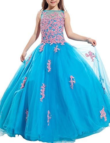 Shadi Bridal Girls Appliques Beaded Ball Gowns Flower Girl Dresses Pageant For Wedding Blue Size 16