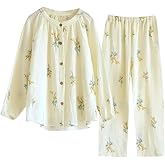 codcm Womens Cotton Gauze Pajama Sets Muslin Pj Set Crew Neck Button Down Sleepwear 2 Piece Lounge Set
