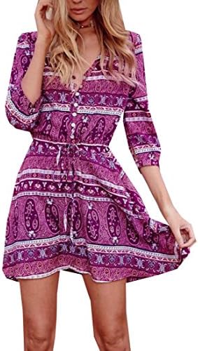 Pofachawis Womens Drawstring V Neck Roll Sleeve Button Down Boho Dresses Rosered M