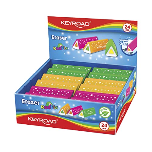 KeyRoad Roofix - Gomma universale per cancellare, 24 pezzi, triangolare/confezionata in display/colori misti/in gomma termoplastica di alta qualità, per bambini, piccola gomma divertente