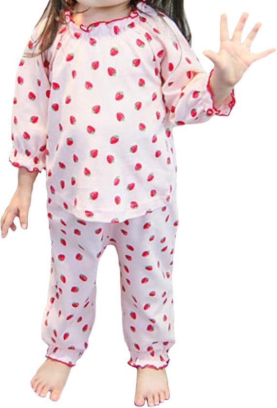 Amazon キュミオ Qemio パジャマ 子供服 ルームウェア ナイトウェア 普段着 寝間着 部屋着 カジュアル 可愛い イチゴ 女の子らしい トップス パンツ ガールズ 女児 秋服 春 綿 パジャマ 通販