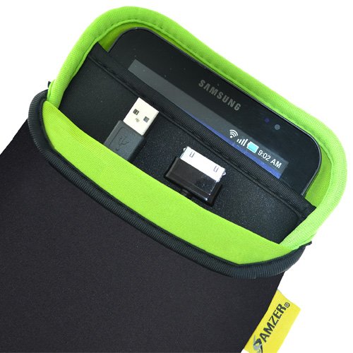 Amzer Neoprene Sleeve 7.5-Inch Case Cover with Pocket for Tablets &amp; eBooks - Matt Black/Leaf Green (AMZ90808) 