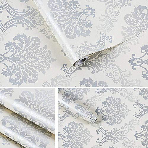 Lependor 17.71" X 118" Silver Damask Removable Wallpaper Peel and Stick Contact Paper Decorative Self Adhesive Shelf Drawer Liner Roll - 17.71" X 9.8 ft