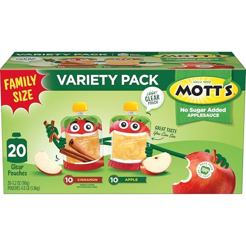 MOTT’S NO SUGAR ADDED APPLESAUCE VARIETY PACK, CINNAMON AND APPLE, MADE FROM REAL FRUIT, NO ARTIFICIAL FLAVORS, 3.2 OZ CLEAR POUCHES, 20 PACK