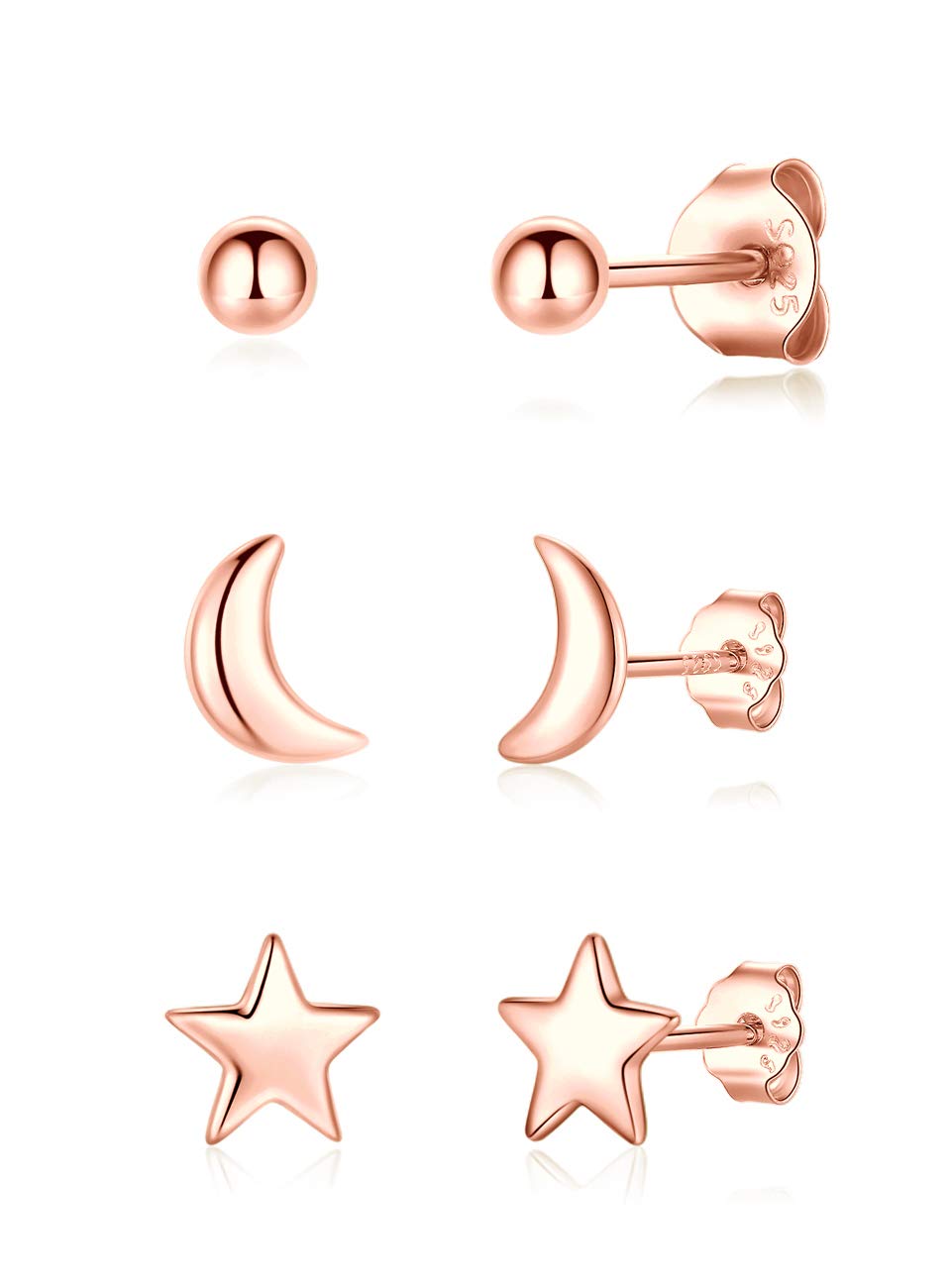 3 Pairs Silver 14K Rose Gold Stud Earrings Set for Women Girls, Hypoallergenic 925 Stering Silver Tiny Round Ball Star Moon Stud Earring,Small Sleeper Cartilage Helix Studs Earring Set