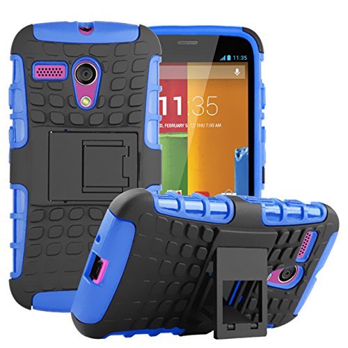 Mote G Case, Hybrid Heavy Duty Armor Cover Double Layer Protection Shock Proof Shell [Anti Slip] [Built-In Kickstand] Slim Skin for Motorola Moto G (Free Gifts: Stylus + Screen Protector) -Blue