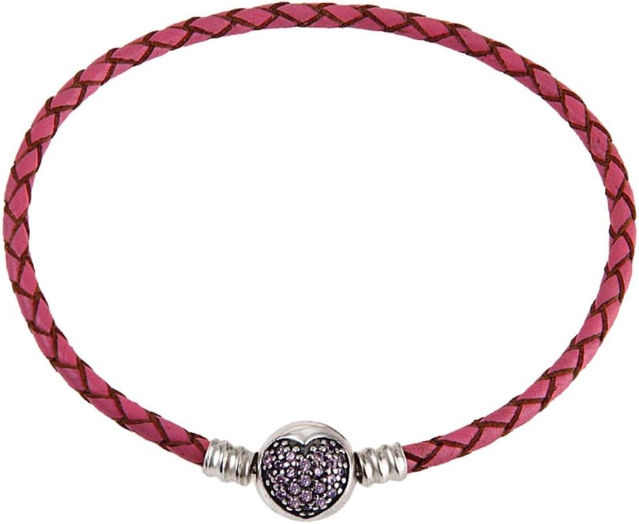Mijn bedels Woven Leather Charm Bracelet with Zirconia Heart Clip