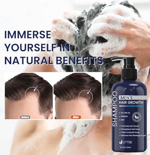 Uttse Biotion Hair Growth Shampoo for Men: Natural Thickening Shampoo with Tea Tree Oil Ginseng Mint for Hair Loss and Thinning Hair - 10.1 fl.oz, Dark Blue