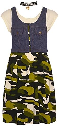 Big Girls Olive Green Camouflage Print Chambray Vest Necklace Casual Dress 10