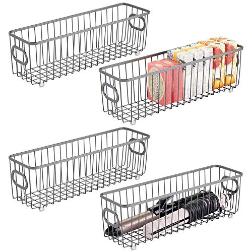 mDesign Metal Bathroom Storage Organizer Basket Bin - Farmhouse Wire Grid Design - for Cabinets, Shelves, Closets, Vanity Countertops, Bedrooms, Under Sinks - Long, 4 Pack - Graphite Gray