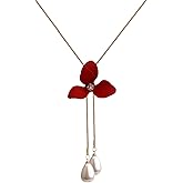 Crystal Flower Pendant Necklace Pretty Pearl Adjustable Long Sweater Necklace Fashion Jewelry for Women