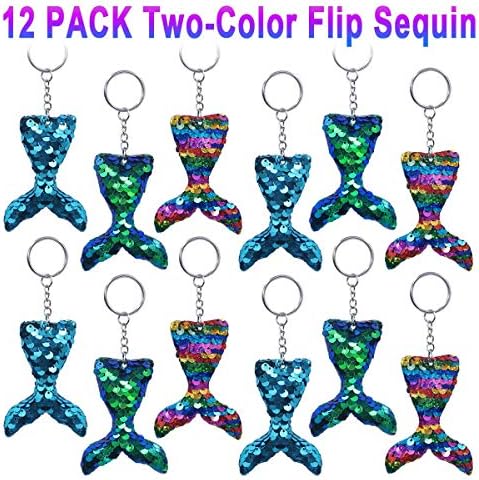 YHNJI Mermaid Keychains, 12 Pcs Mermaid Sequin Keychains, Flip Sequin Mermaid Tail Keychains, Birthday Party Favors Supplies Decorations Gifts for Kids Girls