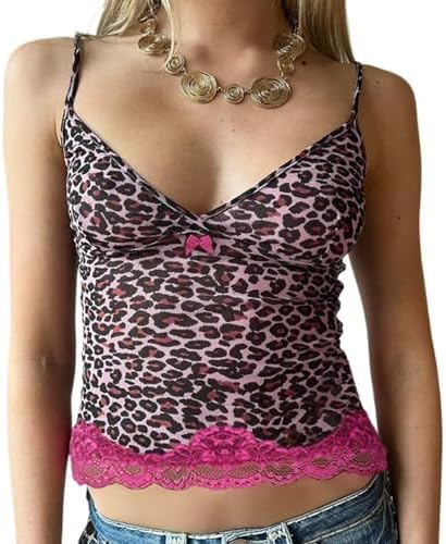 YISHATIER Women's Y2k Lace Trim Leopard Print Cami Crop Top