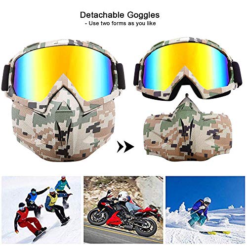 FOONEE Motorcycle Helmet Mask, Retro Motocross Goggle with Removable Face Mask UV400 Detachable Fog-Proof Warm ATC Goggles for Racing Airsoft Riding