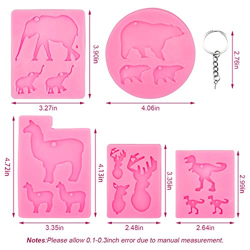 5 Pcs Animal Silicone Mold with Hole, Handmade Bear Elephant Dinosaur Llama Elk Mold, Animal Keyring Tag Keychain Silicone Mold, DIY Crystal Jelly Shots Ice Cream Desserts Candy Fondant Mold (5 Pcs)