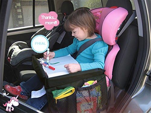 ZRSE Kids Play Travel Tray Waterproof Adjustable Safety Baby Car Seat Table Drawing Board with Pockets Foldable for Play, Snacks, Games, Drawing (Black)