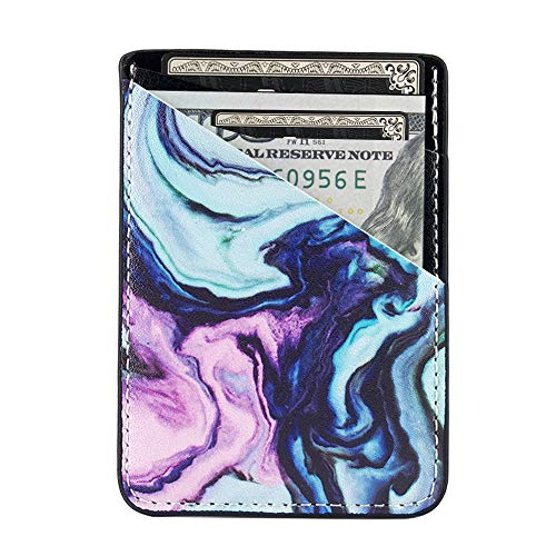 Obbii Nature Blue Purple Marble PU Leather Card Holder for Back of Phone with 3M Adhesive Stick-on Credit Card Wallet Pockets for iPhone and Android Smartphones