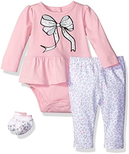 Vitamins Baby Girls' Peplum Screen Print 3 Piece Creeper Pant Set, Leopard Bow, 6 Months