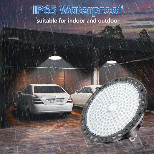 TOPAUBUB 200W UFO LED Interior Ceiling Spotlights, 4 Pieces, LED Ceiling Lamps 20000LM IP65 6500K with Metal Chain 30 cm, Driver, Industrial Spotlight for Garage