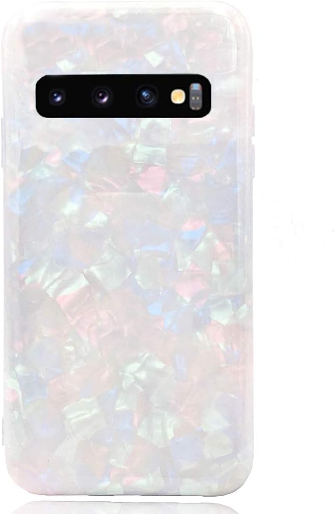 HUIYCUU Case Compatible with Galaxy S10 Plus Case, Glitter Sea Shell Pearl Design Shockproof TPU Soft Matte Cover for Girls Colorful Floral Bumper Back Glossy Case for Galaxy S10 Plus, White