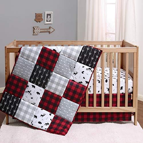 The Peanutshell Buffalo Plaid Crib Bedding Set for Boys or Ladies | Crimson, Black, and Gray | 3 Items – Crib Quilt, Fitted Sheet, Crib Skirt