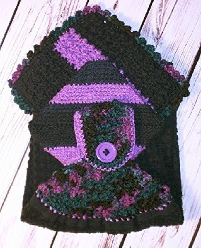A handcrafted kitchen set that is sure to please anyonel One of a kind gifts that can be used all year. Chic black, violet twilight and passion fruit crocheted kitchen ensemble.