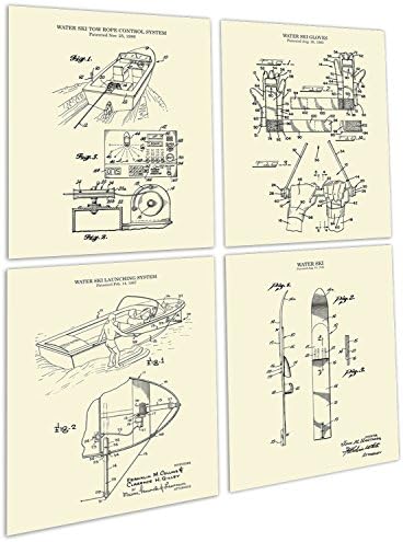 Water Ski Decor Set of 4 Unframed Cream Art Prints of Water Skiing Equipment Invention Drawings