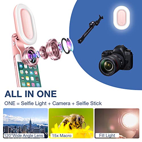OURRY Selfie Light Phone Camera Lens 15X Macro Lens, 4K HD 120° Wide Angle Lens, Fill Light [5-Light Mode][15-Level Brightness][32 LED] Compatible with Phone, Tablet, for Video/Photo/Makeup (Pink) - Thumbnail 7