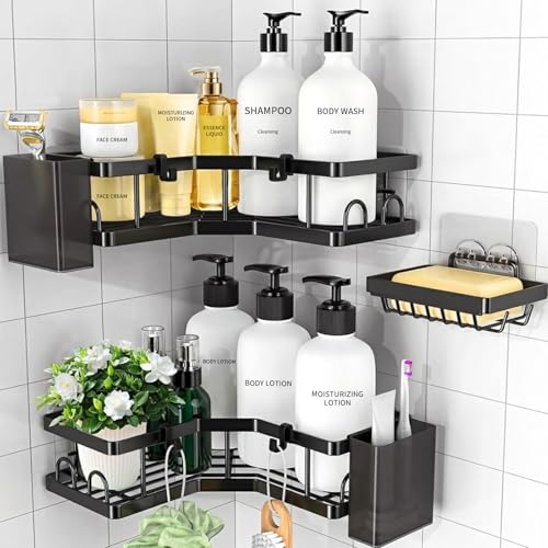 Yoawllty Bathroom Organizer, 2 Pack Corner Shower Caddy, Adhesive Shower Corner Organizer Shelves, No Drilling Stainless Steel Shower Storage Rack with Hooks,Toothbrush Holder,Soap Holder for Bathroom
