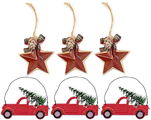 Charmed By Dragons Classic Rustic Farmhouse Decor Holiday Tree Ornaments Old Red Truck and Red Metal Star 6 Piece Set in Gift Box (RED Truck Set) - Thumbnail 4