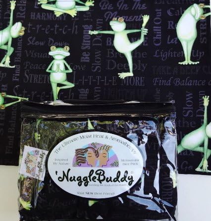 'NUGGLEBUDDY Microwavable Moist Heat &amp; Aromatherapy Organic Rice Pack. Inspirational Words on Adorable Black Yoga Frog Fabric. SWEET LAVENDER Aromatherapy!