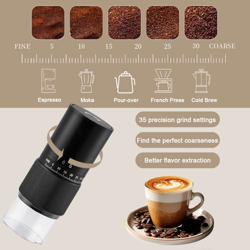 Electric Coffee Grinder Automatic Coffee Bean Grinder Rechargeable Mini Spice Mill with 35 Adjustable Grind Settings & Cleaning Brush for Espresso French Press Home Office Travel Camping