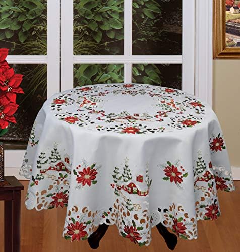 Creative Linens Holiday Christmas Tablecloth 68" Round with 8 Napkins Embroidered Red Poinsettia Christmas Tree Snowy Cabin Table Linen White