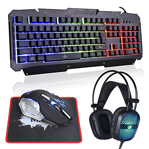 MFTEK Rainbow Backlit Wired Gaming Keyboard and Mouse Combo with LED Glowing PC Over-Ear Headset Set+ Mouse Pad for Gaming Computer