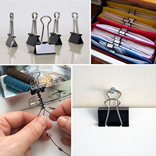 HJSMing 120 PCS Metal Binder Clips,Foldback Clips,Paper Binder Clamp,for Notes Letter Paper Books Home Office School File Paper Organizer Folder Clip Clamp 6 Sizes with Box (Black)