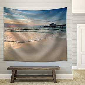 Sunset Near Pier 60 on a Clearwater Beach, Florida, USA - Fabric Wall Tapestry Home Decor - 51x60 inches
