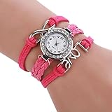 Shensee 1PC Simple Bling Infinity Love Hand-knitted Leather Chain Quartz Wristwatch Watch Hot Pink
