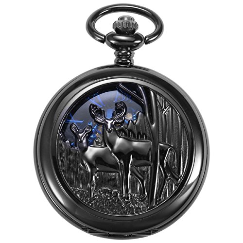 ManChDa Retro Double Open Skeleton Mechanical Roman Numerals Pocket Watch Noble Black with Chain for Men Women