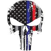 Punisher Skull Reflective Decal, 5.5x4 Inch Tattered Subdued US Flag | Subdued US Flag, Thin Line for Cars, Trucks, Laptops and More, Thin Blue Line Sticker, Police Enforcement, Blue Lives Matter