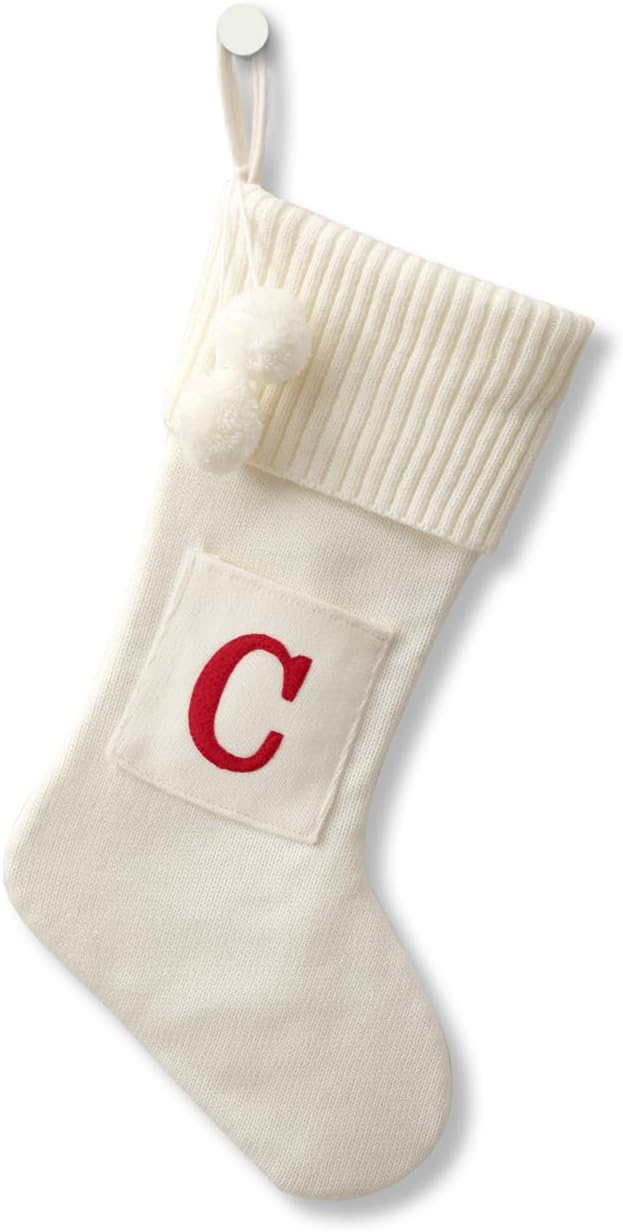 Stockings & Holders - CRSMHLPK 20 Inches Initial Christmas Stocking Monogram Christmas Stocking White with red Embroidered Letter Christmas Decorations 02-C-White