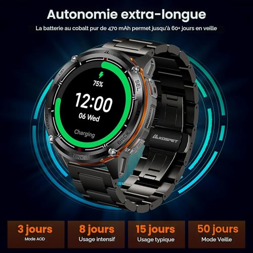 KOSPET Tank T3 Ultra 2 GPS Montre Connectée Homme- 60 Jours d'Autonomie Acier Inoxydable 50ATM Étanche, Boussole Altimètre Appel, Appel Bluetooth
