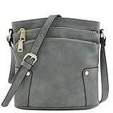 Triple Zip Pocket Medium Crossbody Bag Grey