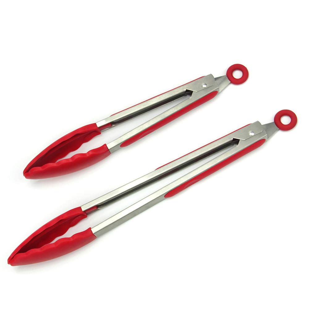 2 Pack Kitchen Tongs, Food Grade Silicone BPA Free Non-Stick Stainless Steel BBQ Cooking Grilling Locking Food Tongs, 9-Inch & 12-Inch (red-silver)