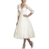 Tea Length Lace Wedding Dresses for Women Boho 3/4 Sleeve Midi Wedding Dress Tulle Applique Bridal Shower Dresses
