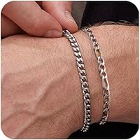 Picture of RANKEEF 2 Pcs Chain Bracelet for Men - Silver Plated 7-9inch Figaro Rope Cuban Link Bracelet Set - Gifts for Men Dad Husband Boyfriend